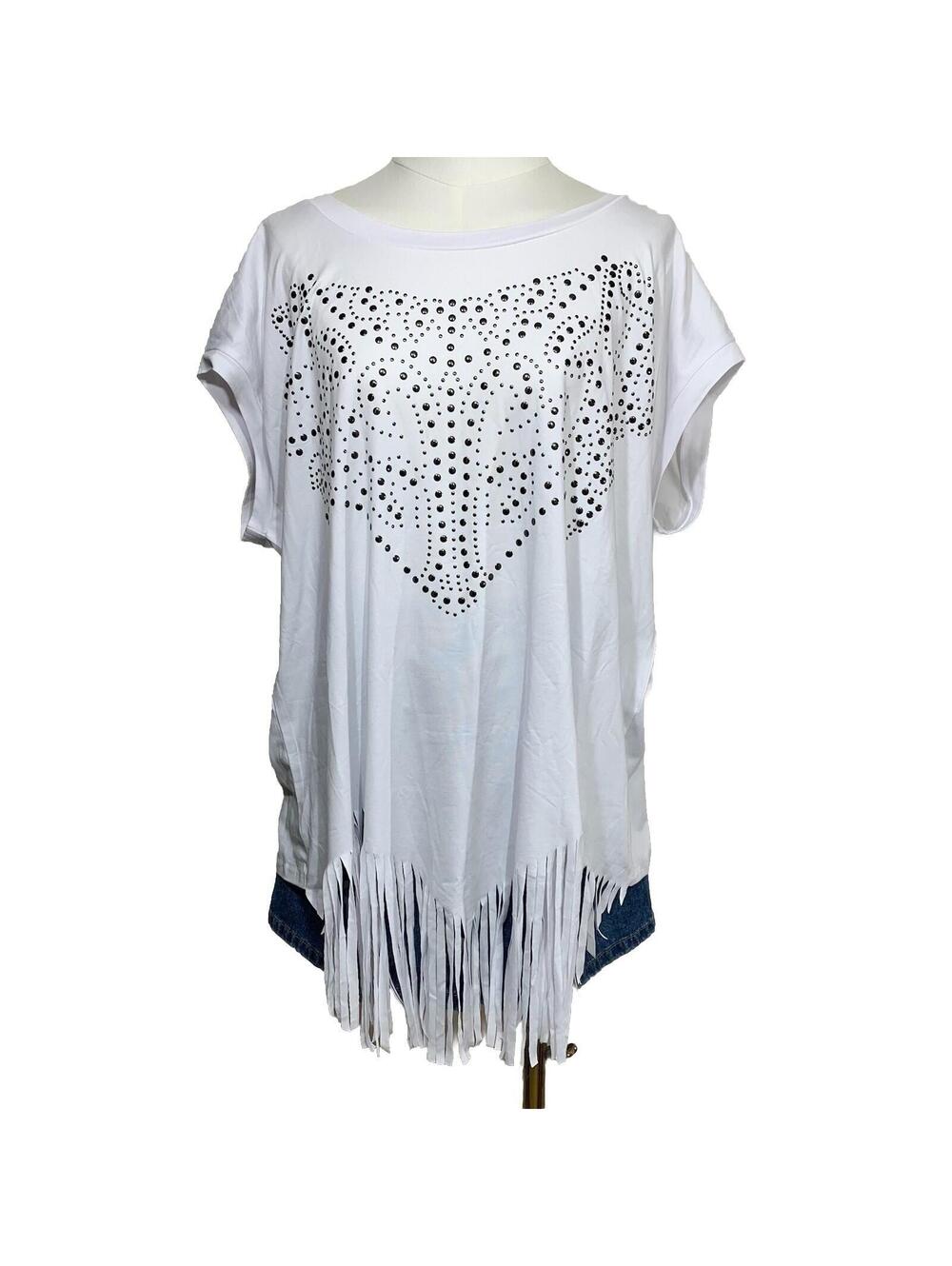 Unbranded Fringe Studded T-Shirt Women 5XL White Western Boho Short Sleeve Top